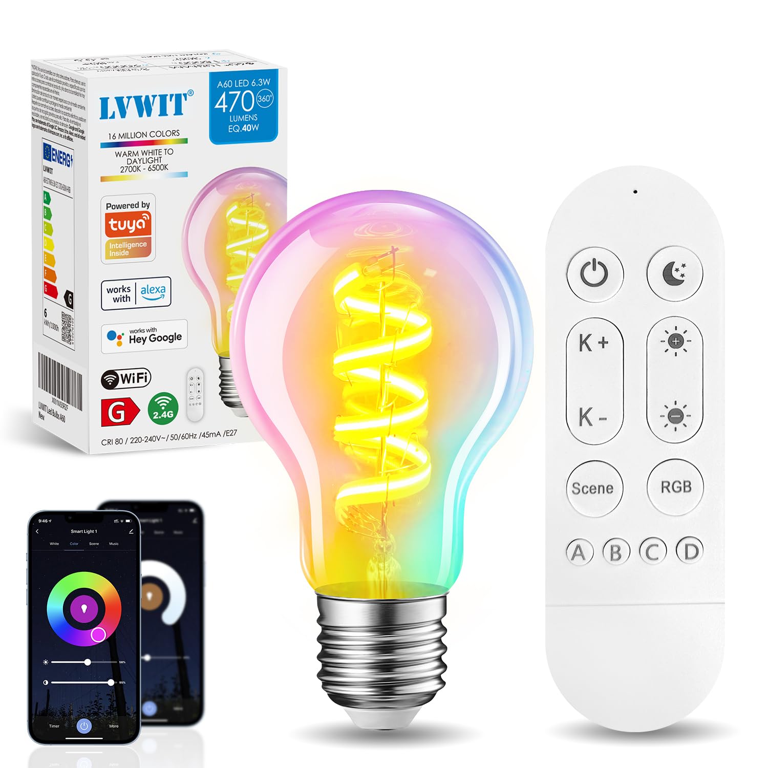 LVWIT Smart Filament Light Bulb,Alexa Dimmable LED Color Changing Light Filament Bulb,E27 WiFi RGB Smart Filament Bulb,Compatible with Alexa,Echo,Google Assistant Include Remote Control(6.3W,470LM)