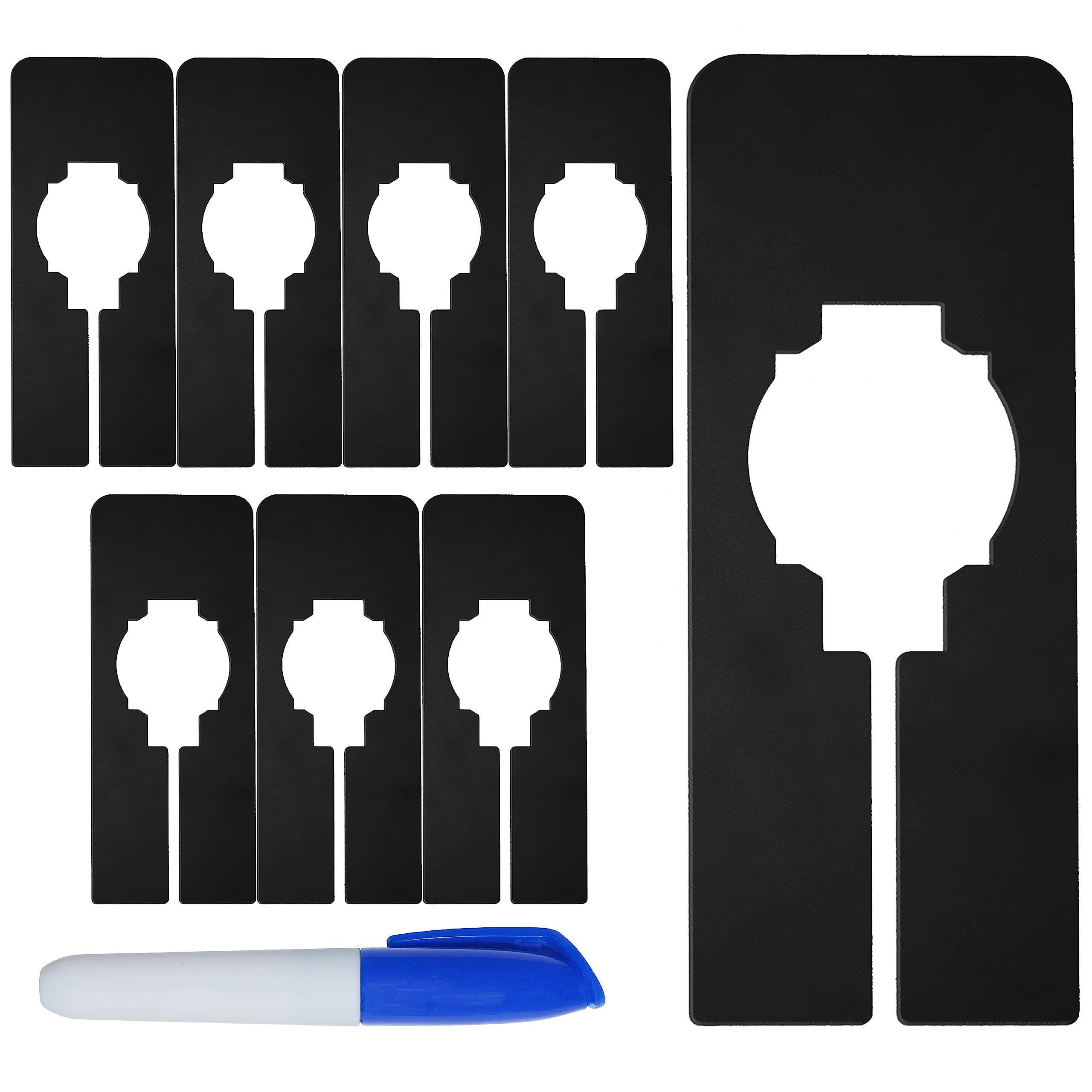 8 PCS Rectangular Black Plastic Closet Dividers with a Bonus Marker, Writable and Reusable for Sorting Clothing Size, Color, Brand, Size 2” x 5.4’’ (Inner Diameter 1.4”)