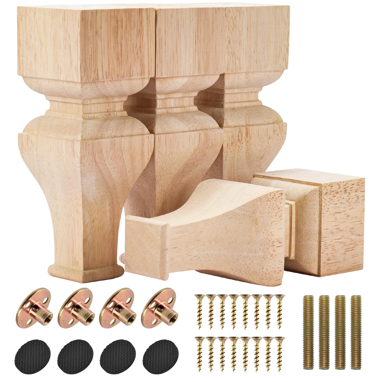 Btowin VCF 8 Inch / 20cm Wooden Furniture Legs, 4PCS Solid Wood Carved Geometry Sofa Legs Unfinished DIY Replacement Bun Feet with Mounting Plate & Screws for Sofa Cabinet Couch Table TV Stand