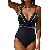 popvil Black Tummy Control One Piece Swimsuit for Women Sexy Crisscross Back Bathing Suit Neon Swimwear