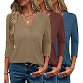 Bliwov 3 Pack Womens Summer Tops V Neck 3/4 Sleeve Loose Tshirts Business Casual Beach Trendy Blouses Spring Clothes Outfit