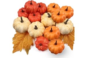 LZNPA 16PCS Artificial Mini Fake Pumpkins Set with Fall Leaves，Foam Plastic Carvable DIY Small White Craft Pumpkins Decor for Thanksgiving Halloween Home Fall Porch Table Decor