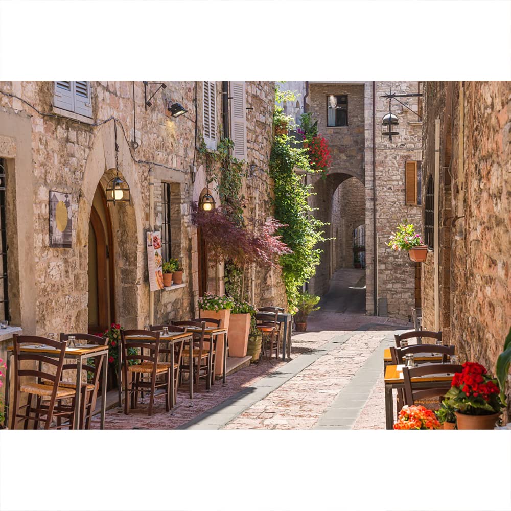 Aoihrraan 4,5x3m Italy Town Street Backdrop European Travel Downtown Sunshine Coffee Vintage Buildings Photography Background Wedding Graduation Honeymoon Vacation Lover Portrait Photo Studio Props
