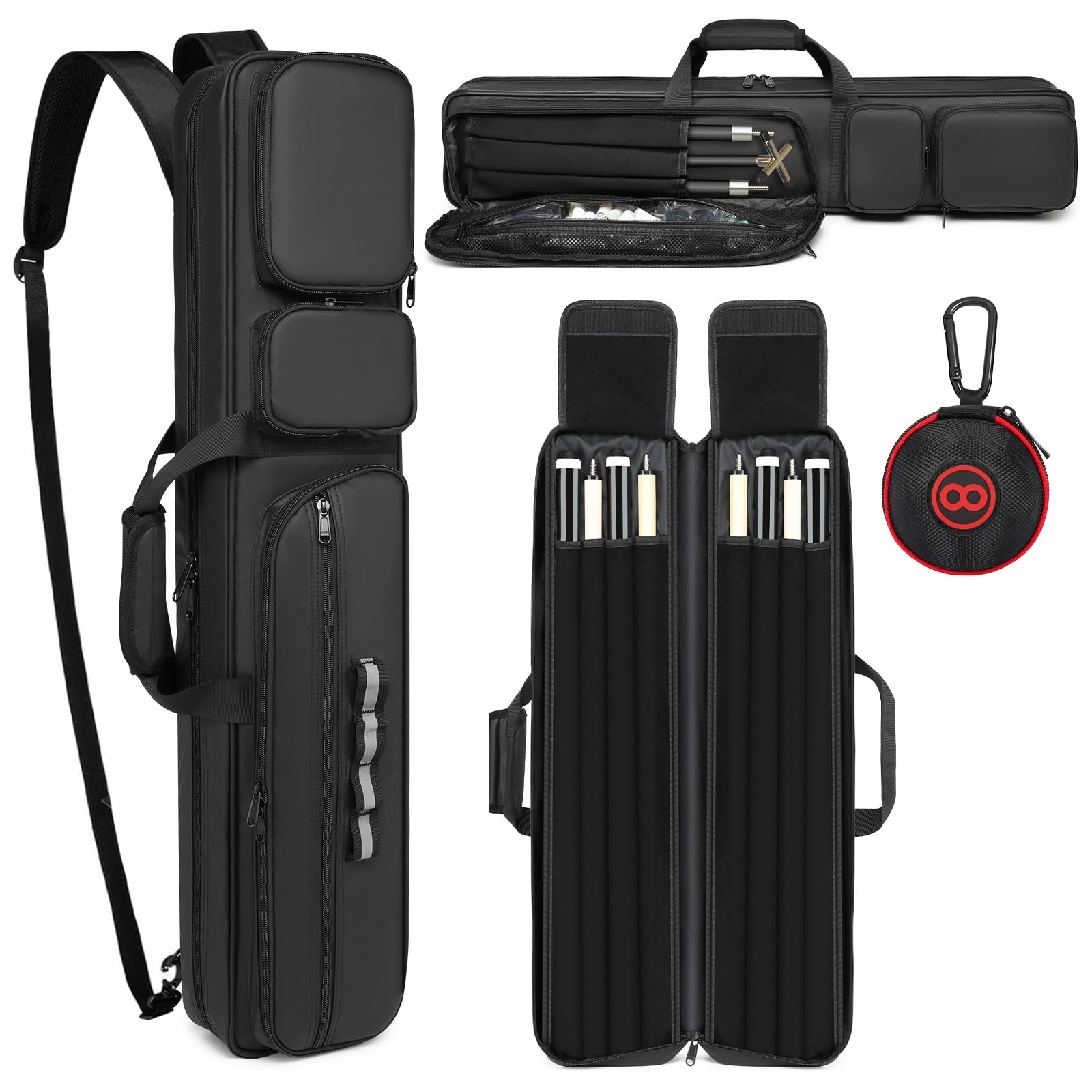 4x4 Pool Cue Case – Holds 4 Butts & 4 Shafts, Polyester, Unihimal Model B0D3WK, Multiple Pockets