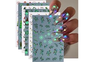 POWPOP Christmas Nail Art Stickers Decals Luminous String Light Snowflake Nail Stickers 6PCS Glow in Dark Lanterns Santa Claus Xmas Tree Leaf Xmas Nail Decals Nail Art Supplies for Women Nail Decorations