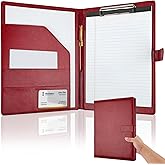 Professional Padfolio with Clipboard, Faux Leather Portfolio Folder Binder, Legal Pad Holder for A4 Letter Size Notepad, Resume, Writing, Ideal Organizer for Business Office Conference (Red)