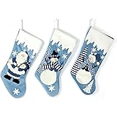 Etistta Classic 19 inch Blue Christmas Stockings Set of 3, Blue White Christmas Decor Velvet Applique Snow Stockings for Christmas Fireplace Decorations - Santa, Snowman