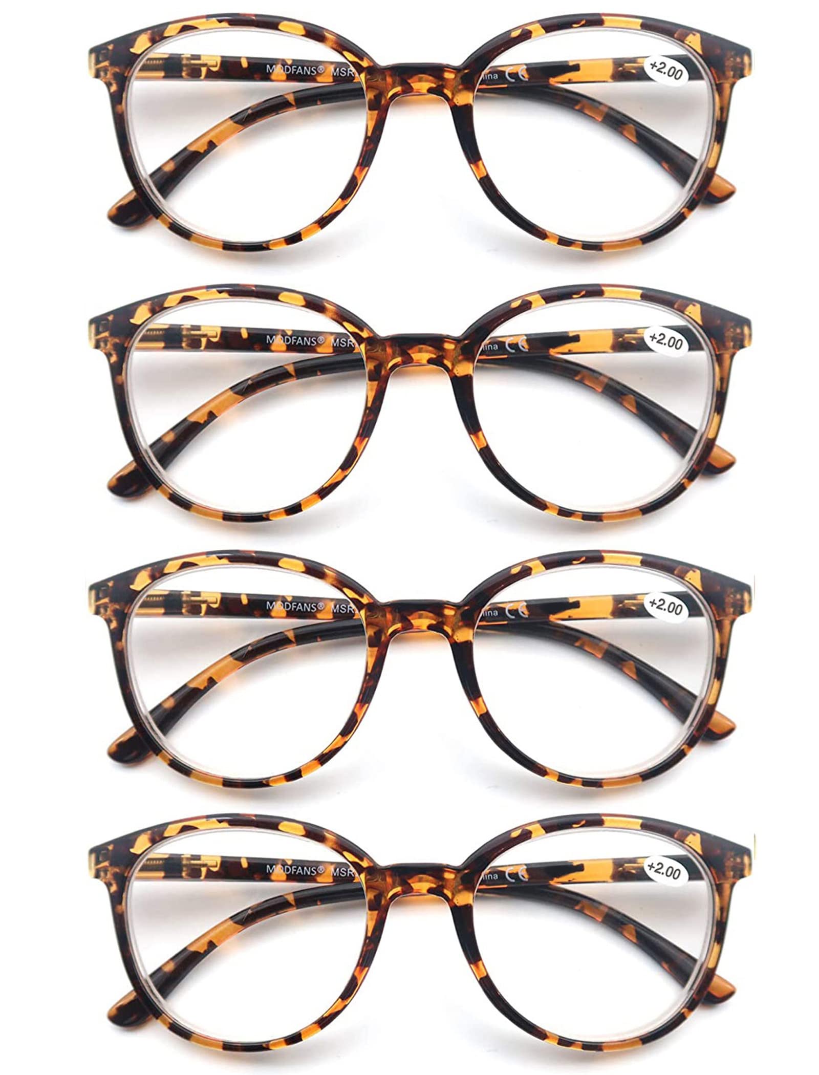 MODFANS 4-Pack Reading Glasses Fashion Printed for Men Women,Readers Glasses Round Frame Comfort Spring Hinges,Eyeglasses(4 Leopard)
