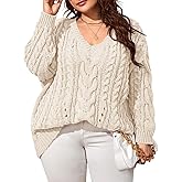 Dyexces Plus Size Sweaters for Women V Neck Long Sleeve Cable Knit Sweaters Casual Fall Sweaters Soft Jumper Tops