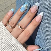 Amazon.com: 24 Pcs Pink Press on Nails Short Almond - YEFIUO Blue ...