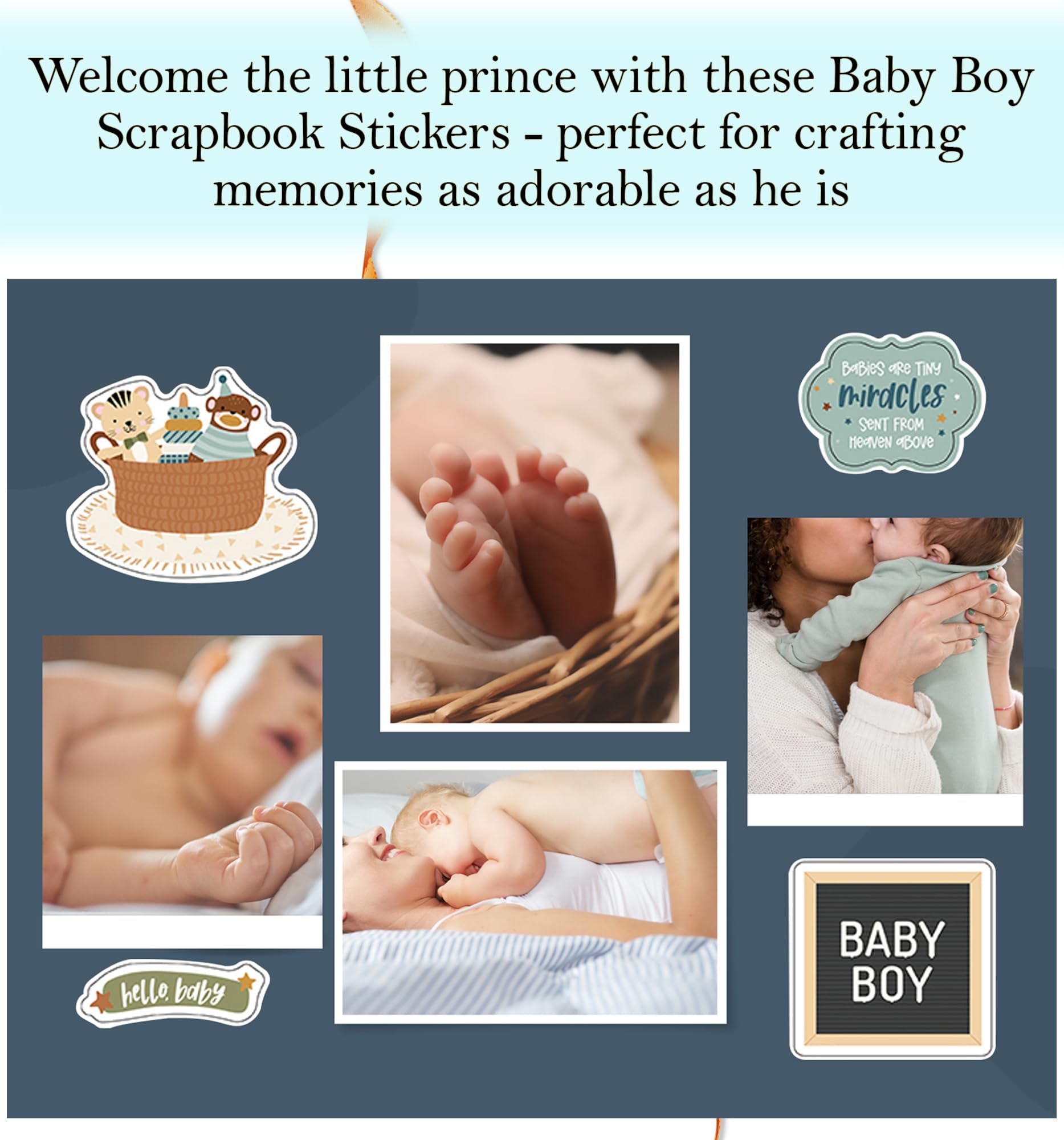 Baby Scrapbook Supplies - Baby Accent for Scrapbooking, Photo Album, DIY Crafts - Scrapbook Chipboard Baby Boy Inspired Embellishments with Cute Phrases, Toys, Blue Aesthetic Design - 2 Items