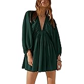 Tiko Miko Women's Sexy Long Sleeve V Neck Tunic Dress Casual Loose Flowy Mini Swing Shift Dresses