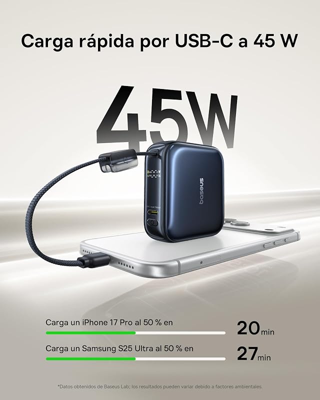 AC22 Mini Powerbank 10000mAh, bateria portátil externa de carregamento rápido PD 45W com cabo USB-C integrado, power bank compacto para iPhone 18/17/16, Samsung S26/S25 Ultra, iPad e Pixel 10/9