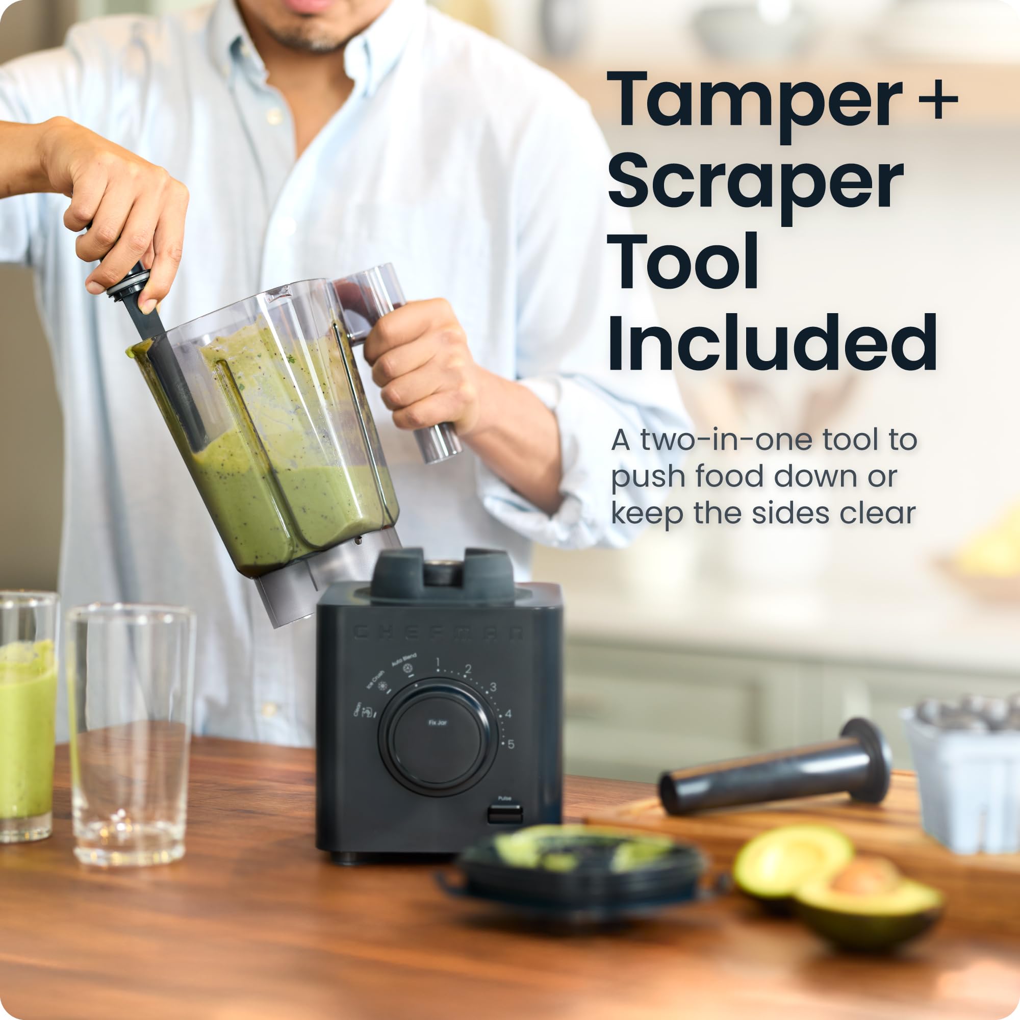 Chefman Obliterator Licuadora de encimera de 48 oz para batidos, motor de 1380 W para triturar hielo, nueces y frutas congeladas con hoja de acero inoxidable, función de mezcla automática, incluye manipulador y raspador