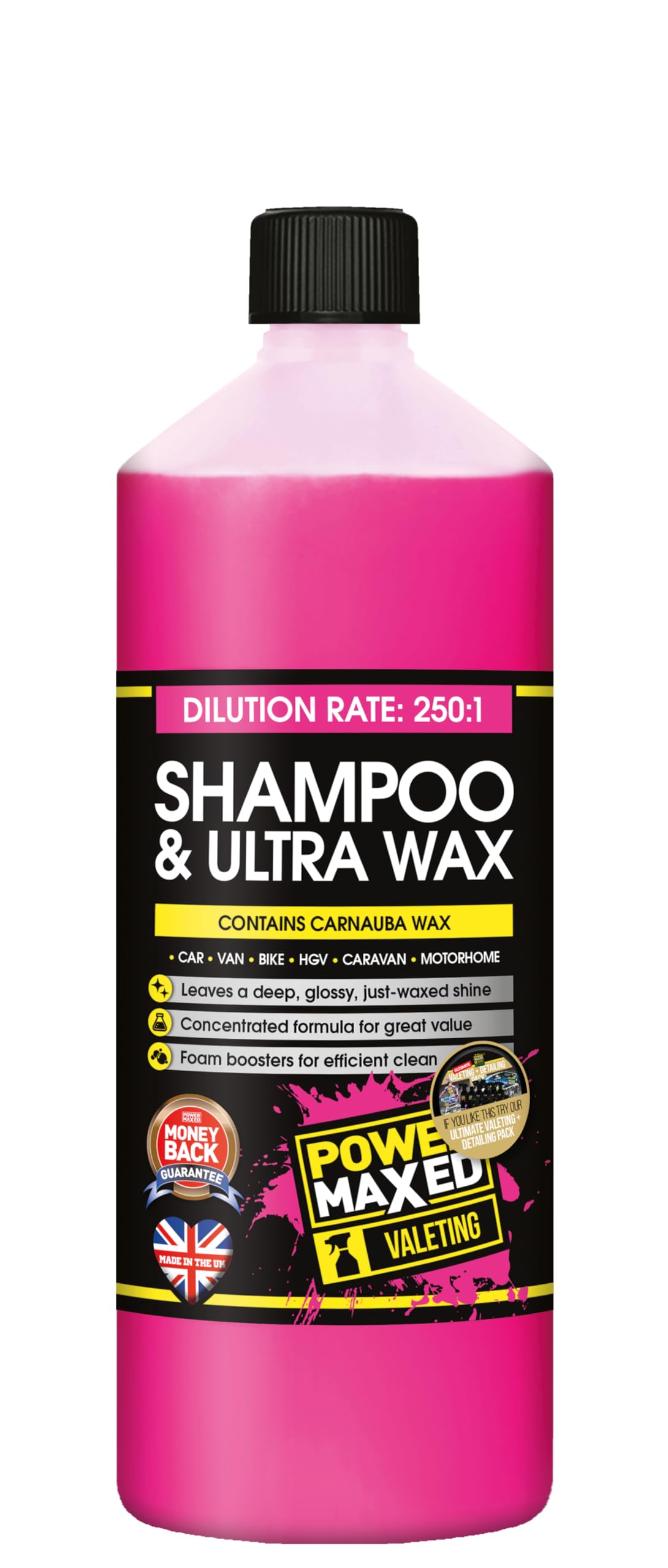 Power Maxed Car Shampoo & Ultra Wax 1L – High Foam Car Wash with Carnauba Wax – pH Balanced Vehicle Cleaning Shampoo for Gloss Finish – Safe for Paint, Plastic, Rubber & Glass