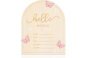 HASSLICKIT Hello World Baby Announcement Sign Newborn Welcome Name Board – 5.9"x4.7" Door-Shaped Birth Stat Plaque with 3D Pink Butterfly & White Flowers – Photo Prop & Keepsake for New Parents Nursery Decor