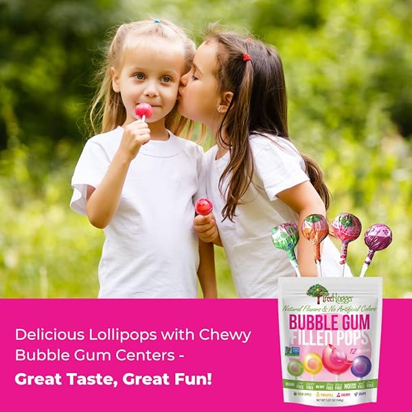 TREE HUGGER BUBBLE GUM FILLED POPS IN STAND UP RESEALABLE BAGS, 6 BAGS (12 POPS PER BAG).