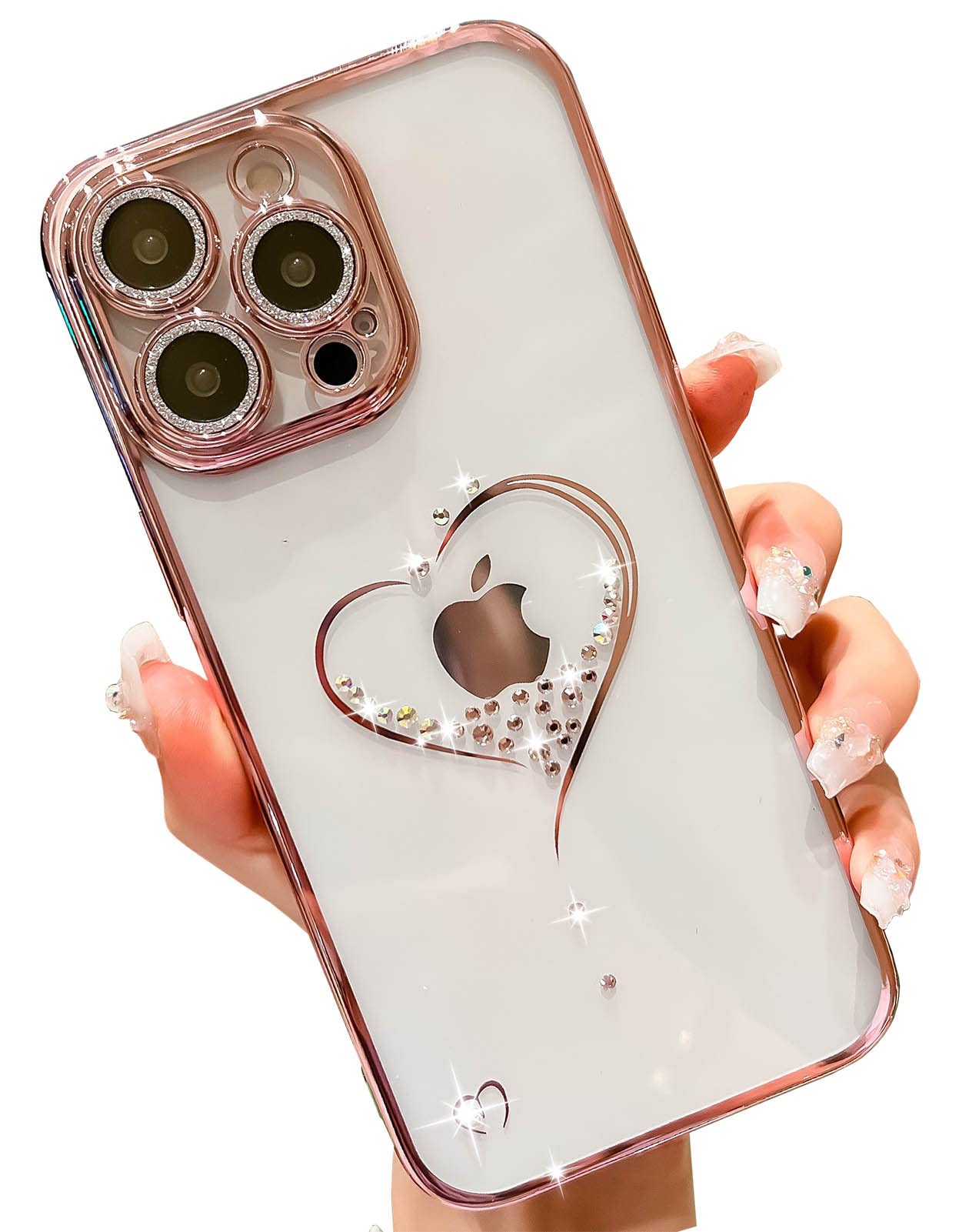 Photo 1 of KERZZIL Bling Glitter Heart Compatible with iPhone 14 Pro Max Case, Cute Women Sparkly Full Camera Protector Designed Phone Cases, Girly Golden Plating Phone Cover(Rose Gold)