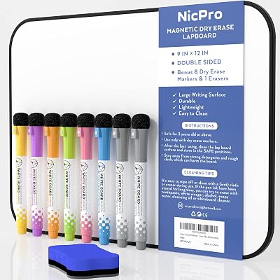 Nicpro Dry Erase Whiteboard A4 Magnetic Double Sided 21 x 30 cm with 8 Pens