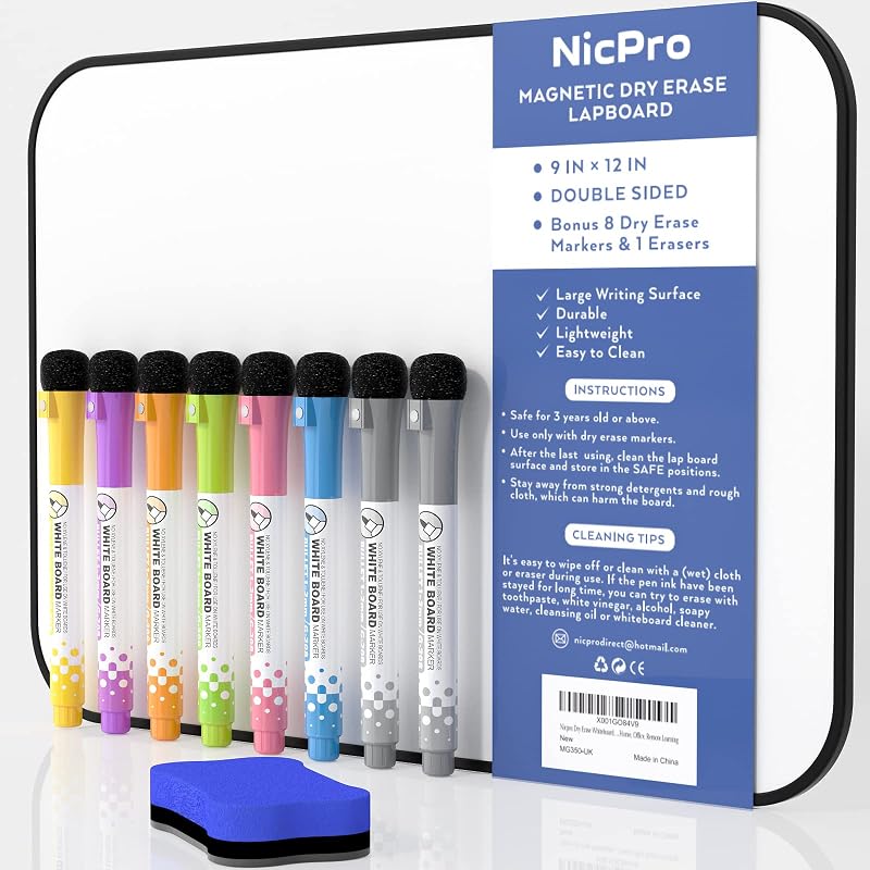 Nicpro Dry Erase Whiteboard A4 Magnetic Double Sided 21 x 30 cm with 8 Pens