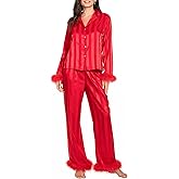 SOOKABEILA Women Satin Feather Trim Pajama Set Striped Print Long Sleeve Button Shirts with Pants 2 Piece Silk Pjs Set