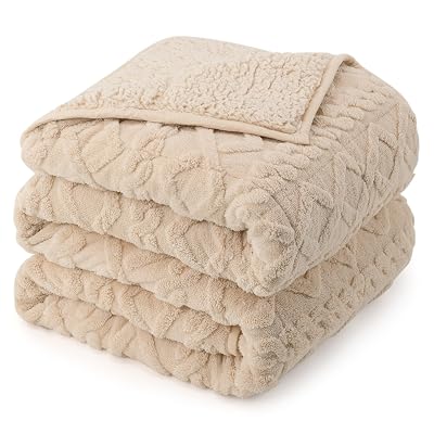 Weighted Blanket Queen Size 15lbs, Classy Soft Jacquard Sherpa Weighted Blankets for Sleep Natural and Calming, Fluffy Cozy Sofa Bed Blanket for Winter, Beige, 60 x 80 inches