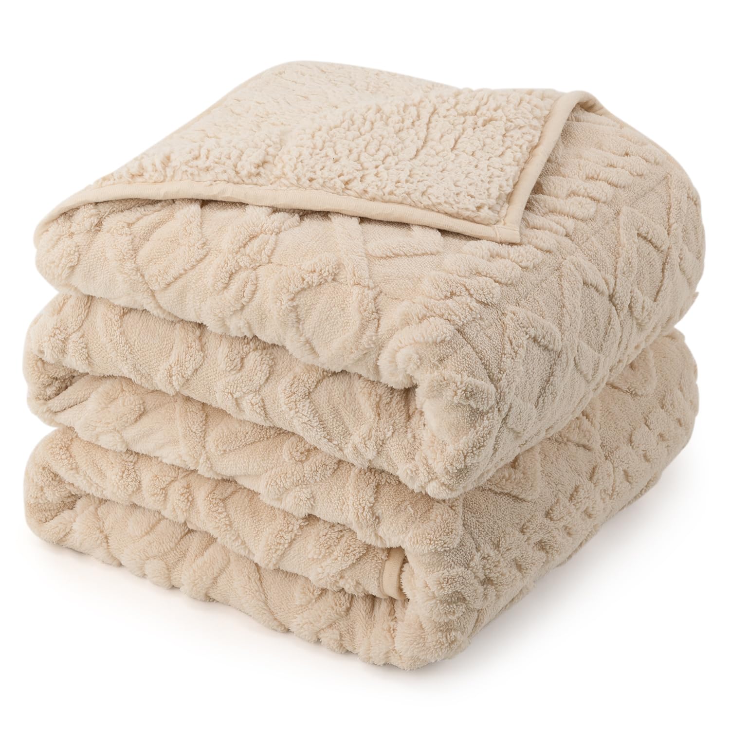 Photo 1 of Weighted Blanket Queen Size 15lbs, Classy Soft Jacquard Sherpa Weighted Blankets for Sleep Natural and Calming, Fluffy Cozy Sofa Bed Blanket for Winter, Beige, 60 x 80 inches