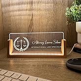 Personalized Name & Title Desk Name Plate Wood Stand Lawyer Law Attorney Scales of Justice Company Professional Work Corporate Office Sign Plaque LED Light Nameplate Office Decor Gift