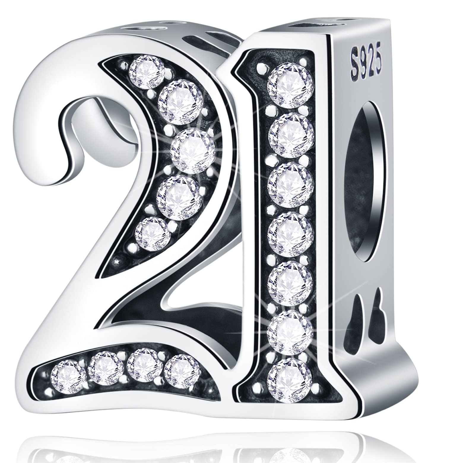21 Birthday Charms fits Pandora Anniversary Bracelet, 925 Sterling Silver 21st Birthday Beads with CZ Birthstones, Number 21 Years Old Gifts for Sister/Brother/Friend