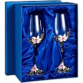 Comeon Wine Glasses Clear Enamel Handcrafted Champagne Glasses Red Wine Glasses Set Floral Goblets (Pink Double + Gift Box)