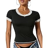 Women's Lace Trim Crop Tops Y2k Crew Neck Short Sleeve Basic Slim T-shirts E-girls Fairy Grunge Aesthetic Tee