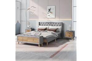 Polibi 4 Pieces Bedroom Furniture Set, Queen Size Upholstered Bed with Storage Bench and 2 Nightstands, Button Tufted Design Solid Wood Frame/Grey