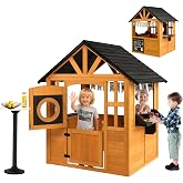 JOYMOR Kids Outdoor Playhouse with Snack Bar, Chalkboard &amp; Lemon Banner, Toddler Outdoor Toys for Backyard Garden Indoor Outdoor Play, Golden Red, Solid Cedar Wood
