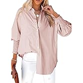 Dokotoo Womens Tops Trendy V Neck Long Sleeve Button Down Shirts Casual Oversized Striped Blouses Tops