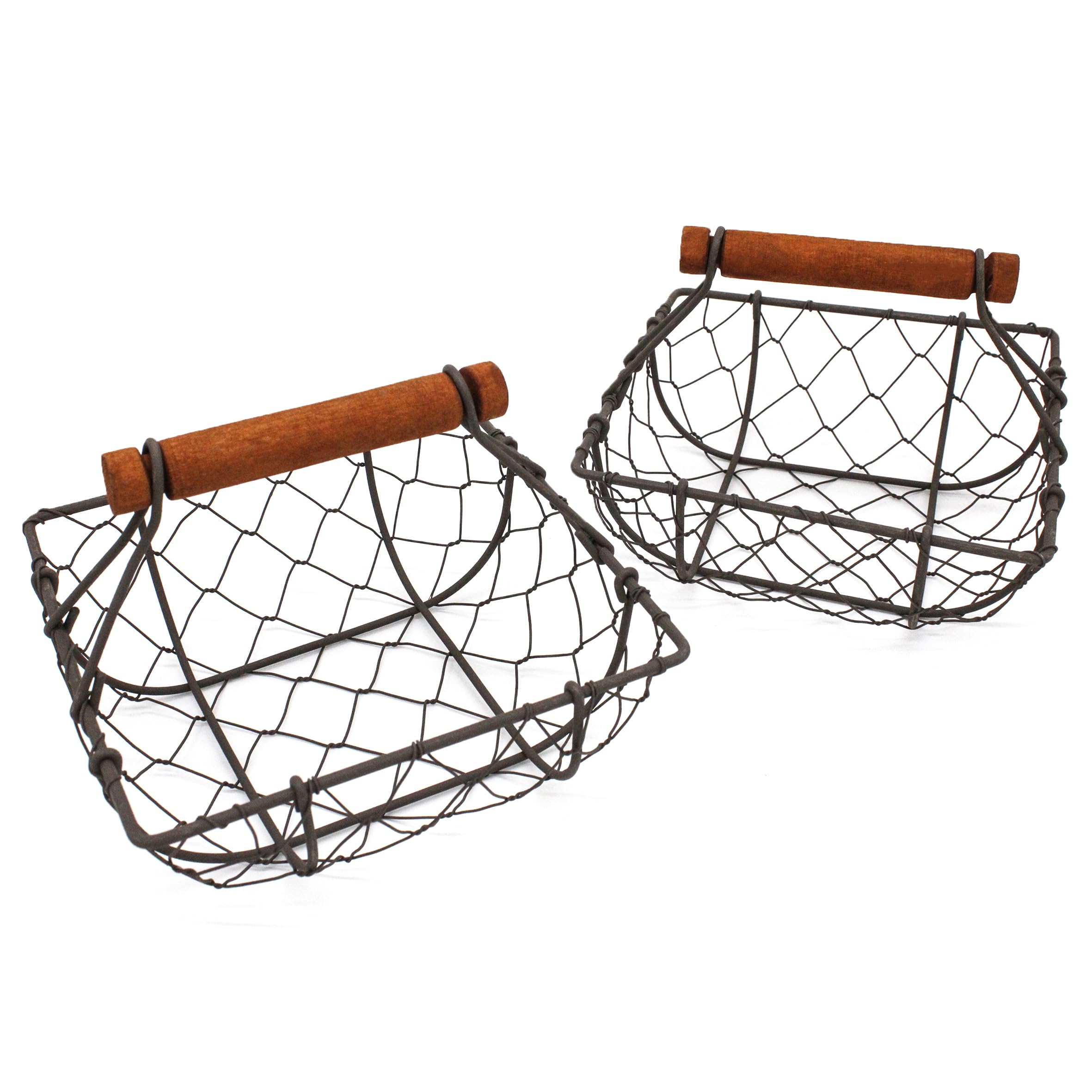 CVHOMEDECO. Chicken Wire Egg Baskets Rust Gathering Baskets with Wooden Handle Country Vintage Style Storage Baskets. Set of 2 (Square)