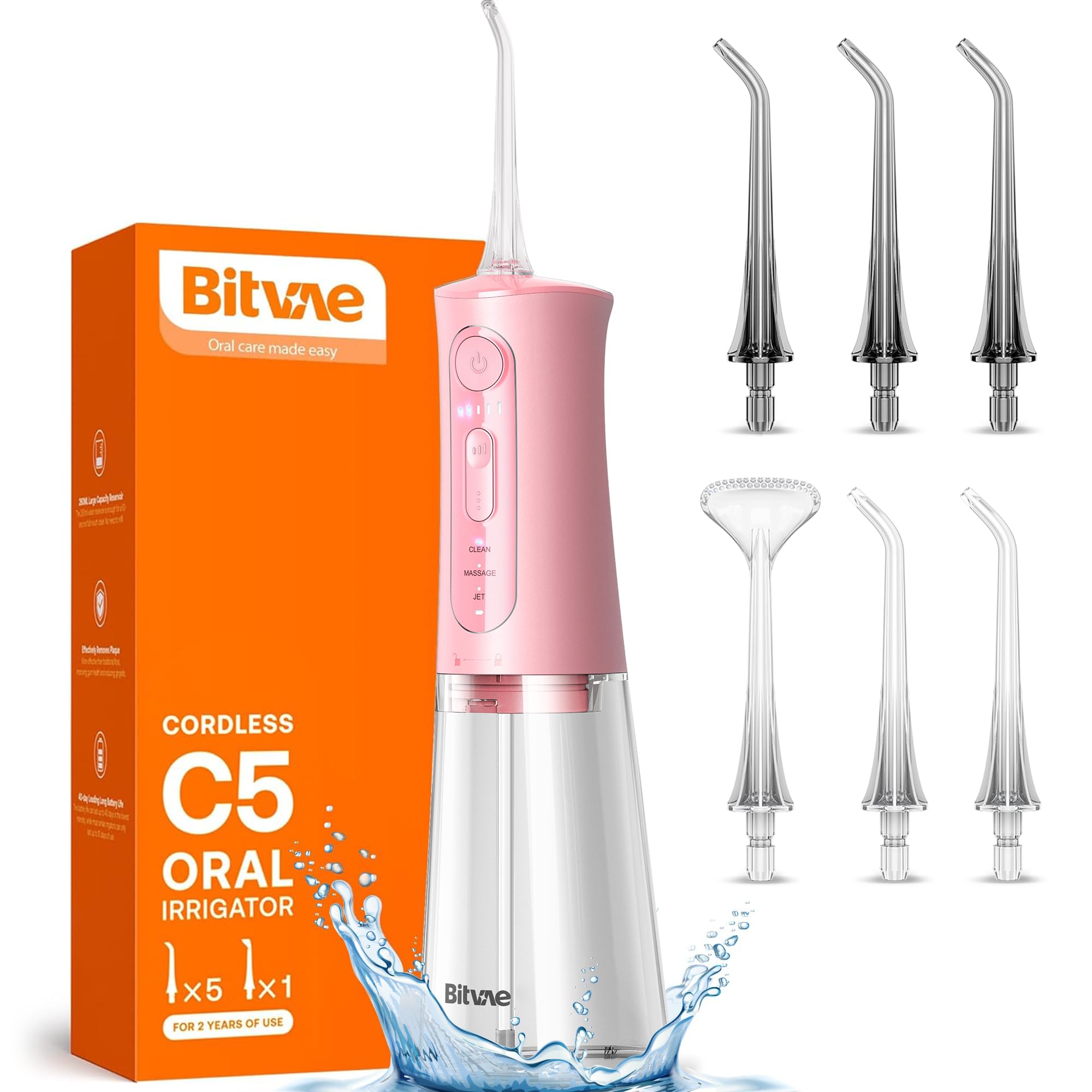 Bitvae Water Dental Flosser for Teeth Cordless, Water Teeth Cleaner Picks for Cleaning with 3 Modes & 5 Intensities, Oral Irrigator with 6 Jet Tips, IPX7 Waterproof, USB Rechargeable, Pink