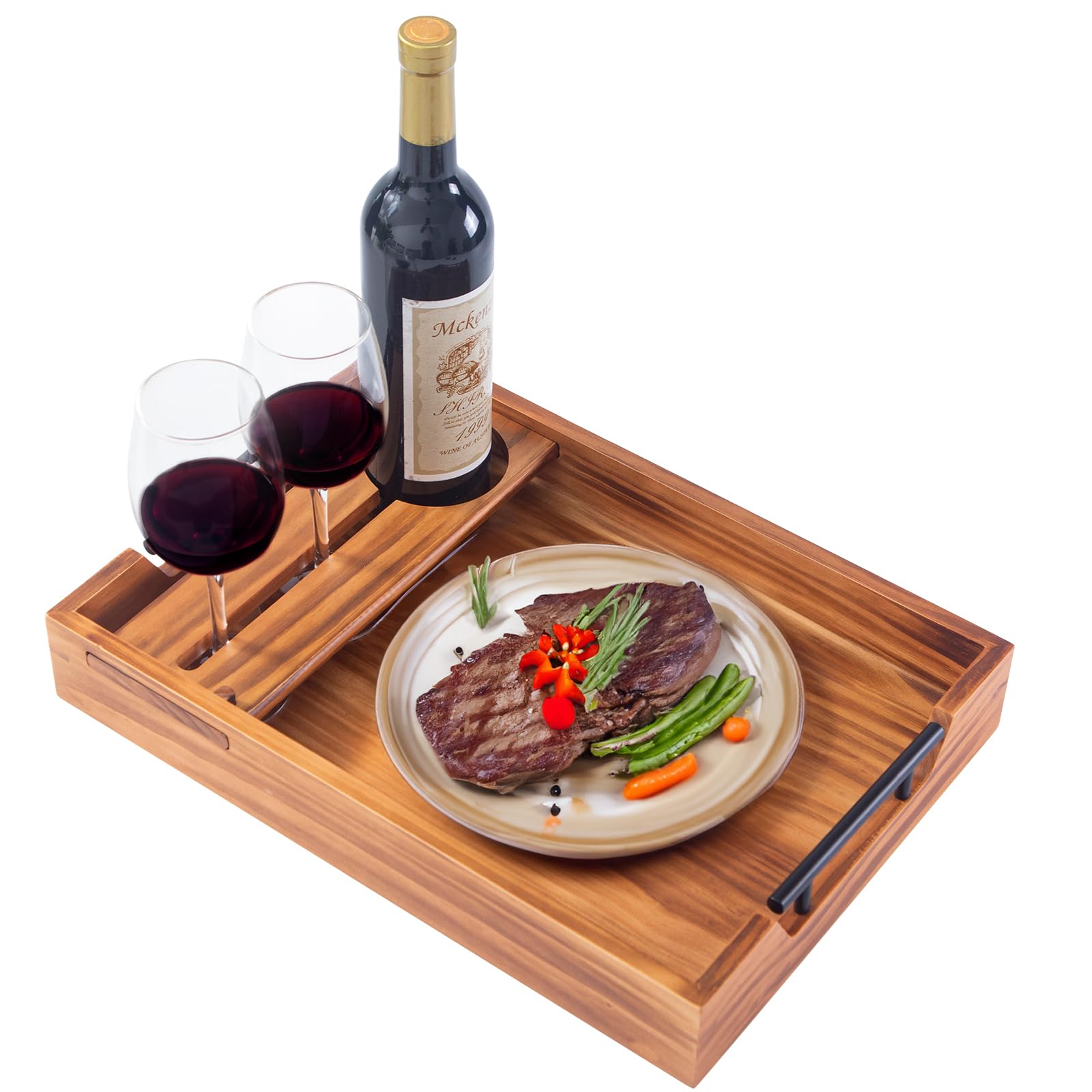 Photo 1 of Wood Serving Tray with Handles, 17"x12" Rustic Wooden Trays with Removable Wine Glass Holder Decorative Ottoman Tray for Living Room, Coffee Table, Breakfast Food Trays in Bed