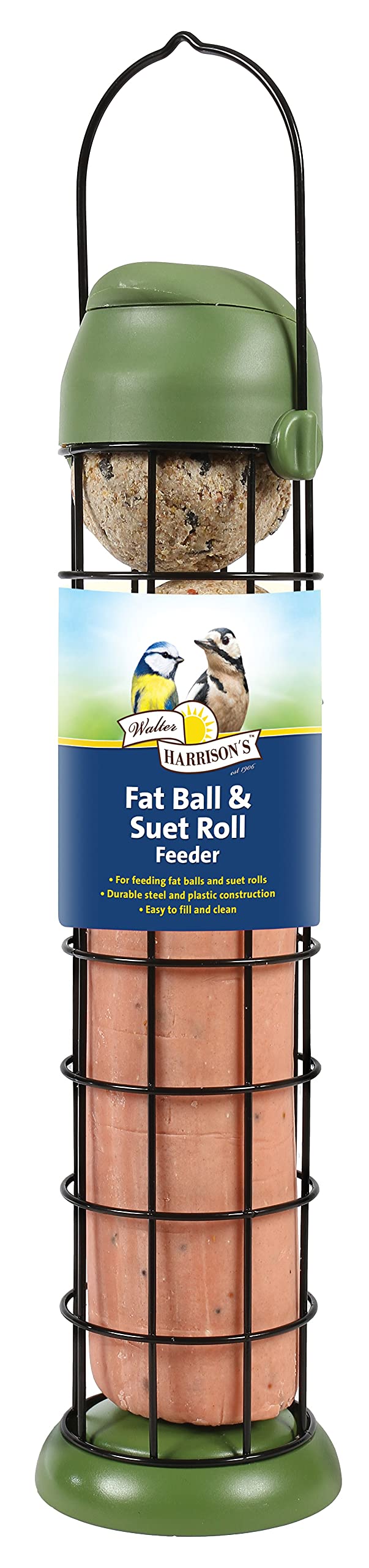 Walter Harrison's Wild Bird Flip Top Fat/Suet Ball and Roll Green Hanging Feeder - Large - 30 cm