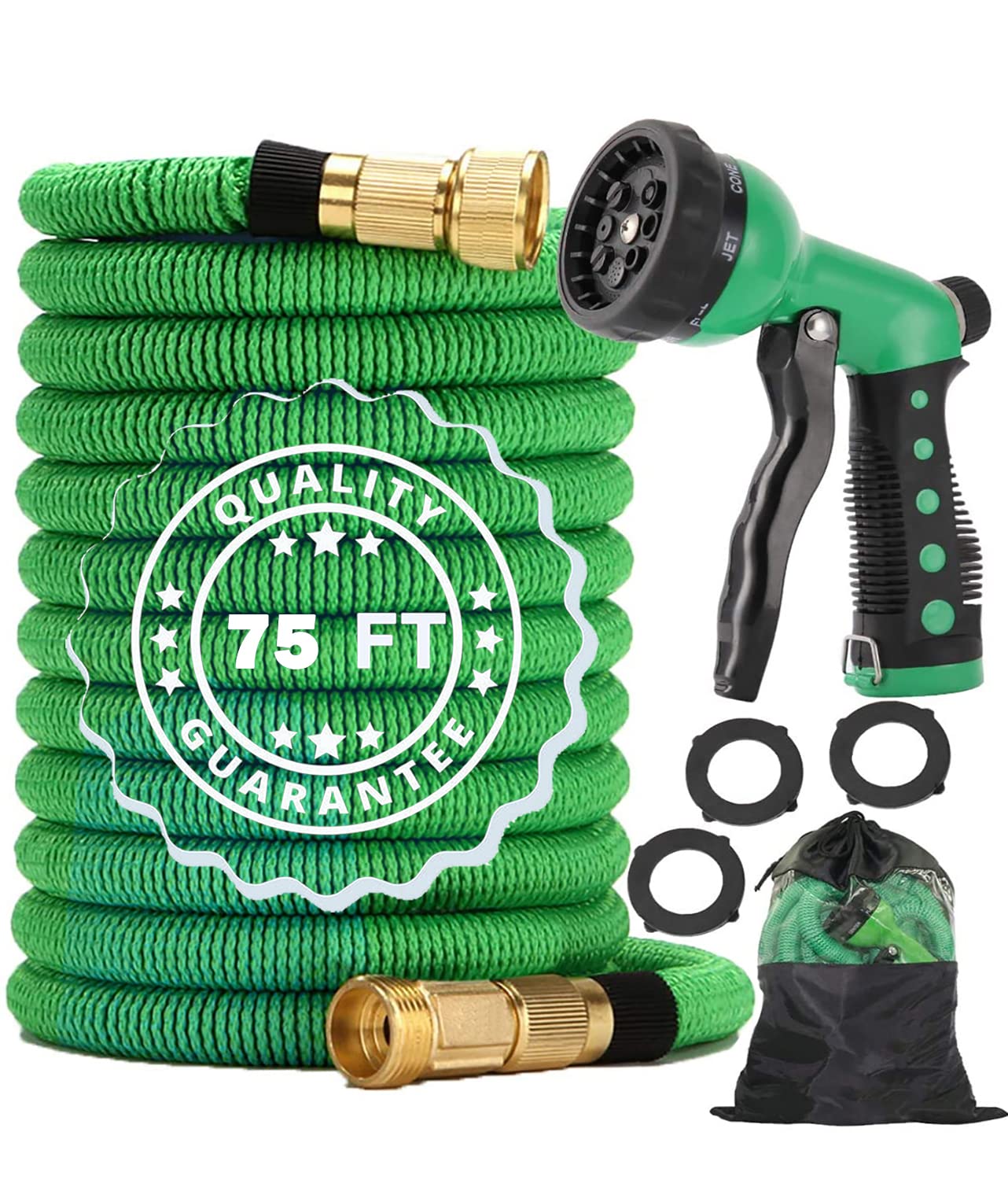 Expandable Garden Hose Pipe, 75ft Flexible Water Hose Pipe with 8 Function Nozzle, 3 Layer Latex Core and 3/4in Solid Brass Connector, Expanding Water Hose for Plant Watering, Car Washing