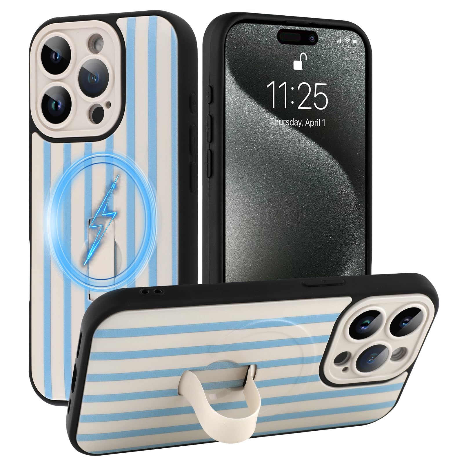 SOKAD Magnetic Stripes Case for iPhone 15 Pro Max with Finger Strap Kickstand, Compatible with Magsafe, Cute Vertical Striped Designed for Women Men, Full Camera Protection Cover, Blue