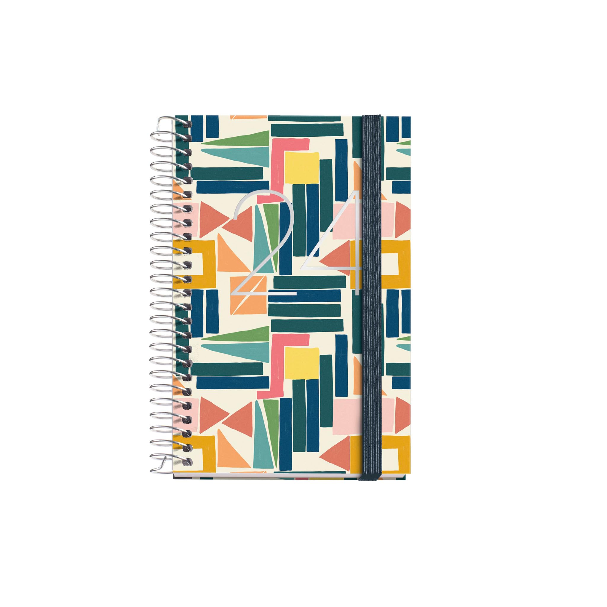 Miquelrius - Annual Diary 2024, Day Page, Caddy Size 80 x 120 mm, Hard Cover, Spiral Binding, Elastic Closure, Catalan, English and Portuguese, Geometric with Stamping Silver