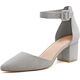 LAICIGO Women's Pointed Toe Pumps Ankle Strap Buckle Chunky Block Heel Dress D'Orsay Shoes