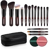 Travel Makeup Brush Set, 15 pcs Mini Makeup Brushes and 2 Puff for Foundation, Powder, Eyeshadow, Highlight, Contour, Blush & Concealer, Small Makeup Brush Set Purse Size with Case (black and brown)