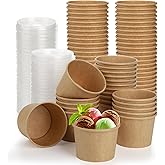 Lyellfe 100 Pack Disposable Paper Bowls with Lids, 8 Oz Heavy Duty Kraft Paper Bowl, To Go Soup Container Dessert Cups for Ic