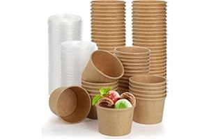 Lyellfe 100 Pack Disposable Paper Bowls with Lids, 8 Oz Heavy Duty Kraft Paper Bowl, To Go Soup Container Dessert Cups for Ic