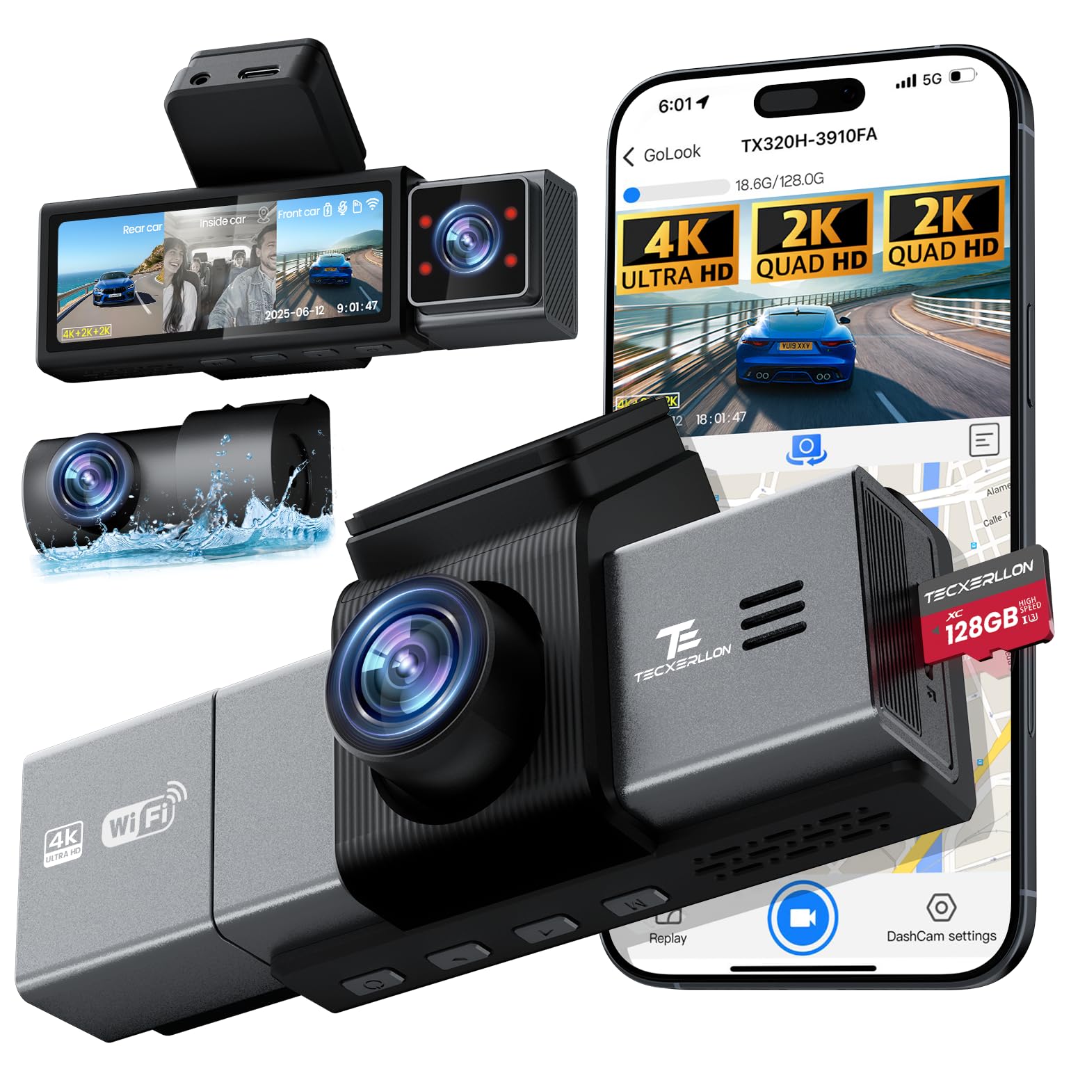 Photo 1 of TECXERLLON Dash Cam, 4K 3 Channel Dash Camera for Cars with App Control, 170°/150°/140° Wide Angle, ADAS Assist, No-Light Night Vision, GPS, G-Sensor, WDR, 24H Parking Monitor, 128GB SD Card Included