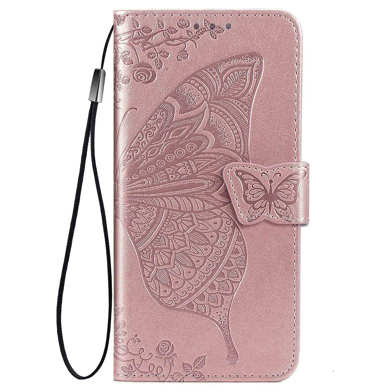 WEIOU Leather Flip Cover for OPPO A96 / A76 / A36 Case, Butterfly Embossing Magnetic Closure Protection Shell Bumper Wallet with [Card Slots]& [Kickstand]. Rose Gold — image 1