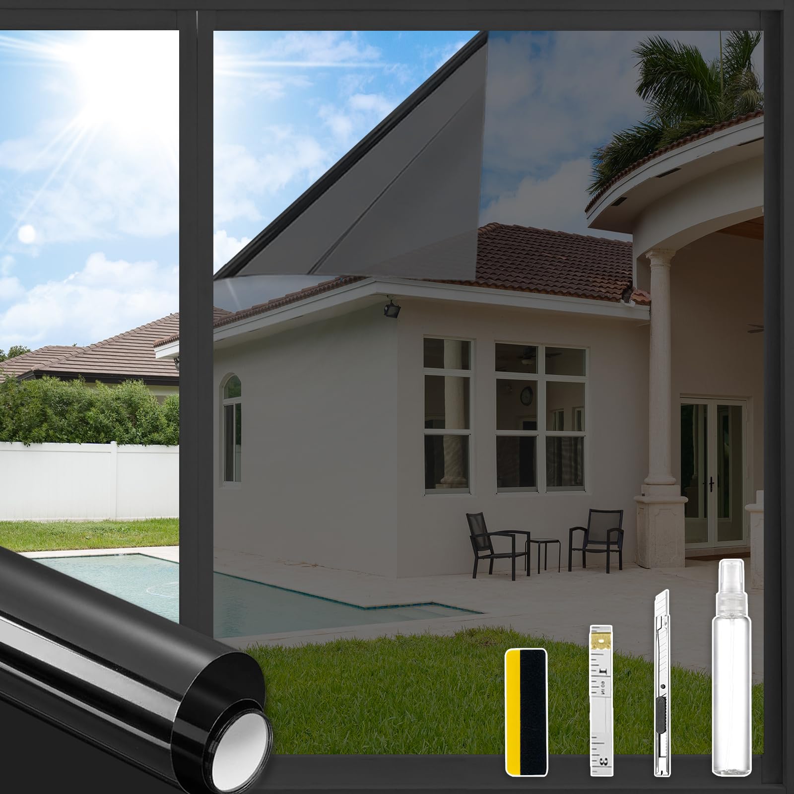ConCus-T One Way Window Film UV Sun Blocker Heat Control Window Tint Privacy Reflective Static Cling Mirror Film Solar Film With Kit for Home Office, Black, 90x300cm