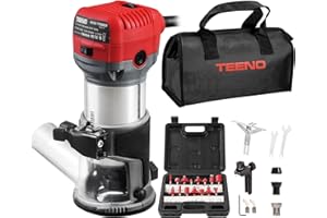 TEENO Wood Router, 6.5 Amp 1.25 HP Compact Router Tools for Woodworking, 13000-33000 RPM Hand Trim Router with 15pcs 1/4" Bits Set, 6 Variable Speeds, Edge Guide, Roller Guide