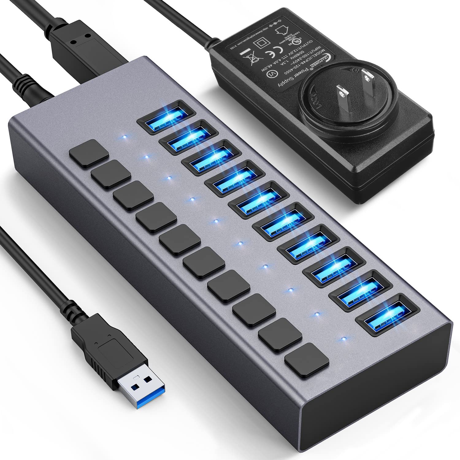 Photo 1 of 48W Powered USB Hub - ACASIS 10 Ports USB 3.0 Data Hub, Individual On/Off Switches, 12V/4A Power Adapter, Aluminum Housing, USB Splitter for PC, Computer, Mobile HDD, Flash Drive